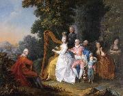 unknow artist, An elegant party in the countryside with a lady playing the harp and a gentleman playing the guitar